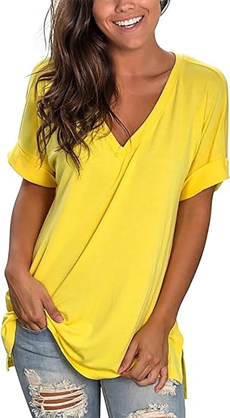 Sampeel Womens Short Sleeve V Neck Shirts Summer Casual Tops Blouses Yellow L - Image 2